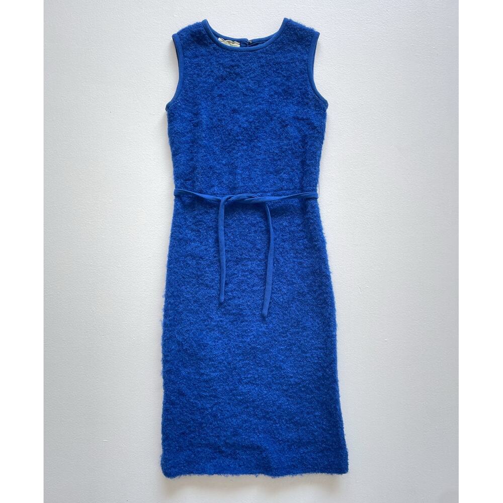 Vtg 60s Nancy Greer Blue Looped Bouclé Wool Sleeveless Mod Wiggle Dress / XS/S